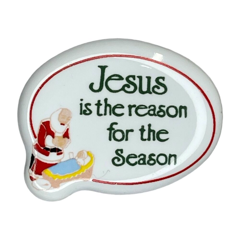 Vintage Kneeling Santa Pin 'Jesus is the Reason' White Ceramic Christmas Decor - Picture 1 of 7